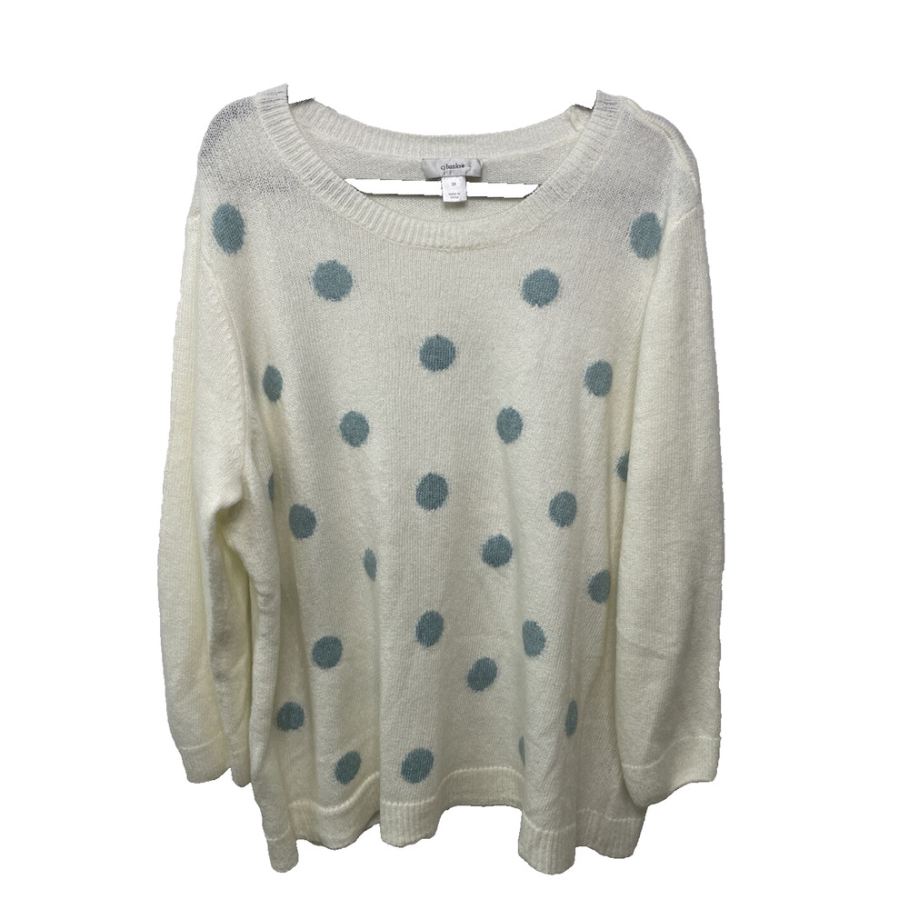 CJ Banks White Knit Sweater 3X Blue Polka Dot Crew Neck Fun‎ Cute Plus Size